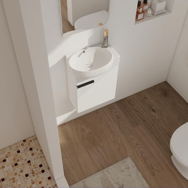 Staykiwi 16 in. W x 12 in. D x 21.5 in. H Floating Bath Vanity in Gloss White with White Round Single Ceramic Sink Top