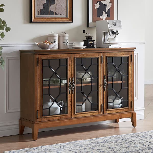 Rustic Burl Veneer Kitchen Cabinet 3 Door Cherry Wood Sideboard Buffet with Adjustable Shelves and Glass Doors