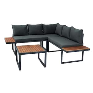 4-Piece L-Shaped Metal Outdoor Loveseat Sofa Set with Dark Gray Cushions, Built in Side Wooden Table