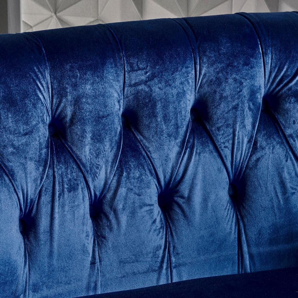 Elegant Navy Blue Velvet Chesterfield Loveseat with Nailhead Accents