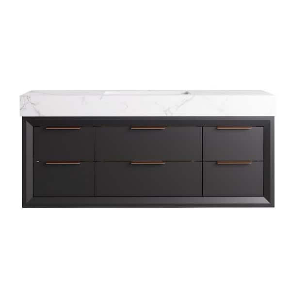 48 in. W X 21 in. D X 21.3 in.H Floating Bathroom Vanity in Black Solid Oak/White Marble Countertop and Lights