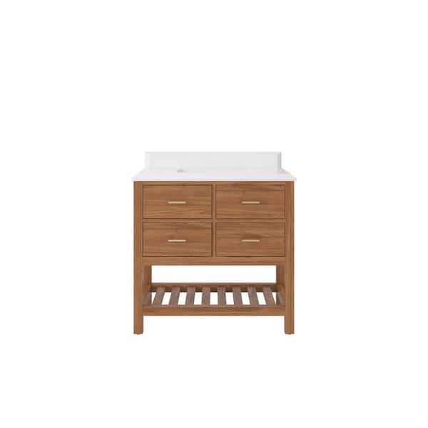 Willow Collections Parker Teak 36 in. W x 22 in. D x 36 in. H Single Sink Bath Vanity Center in Golden Teak with 1.5 in. White Qt. Top