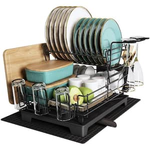 2-Tier Black Stainless Steel Dish Drying Rack with Utensil Holder, Cups Holder, Drainboard and Drying Mat