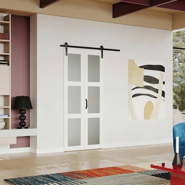 TENONER 30 in. x 84 in. 3-Lite Frosted Glass Bi-Fold Door Finished with Sliding Hardware Kit, MDF White Folding Barn Door Slab .