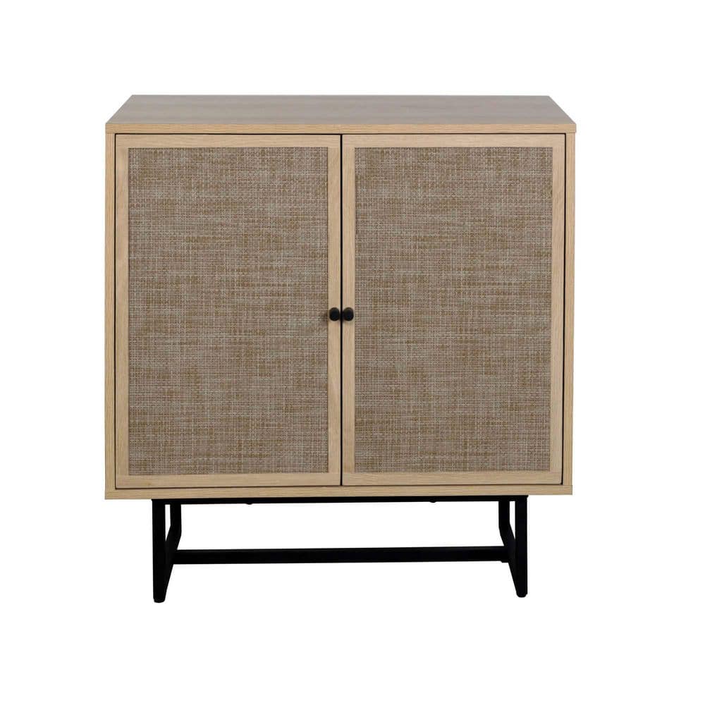 Light Oak and Matte Black Freestanding Cabinet with Adjustable Shelving
