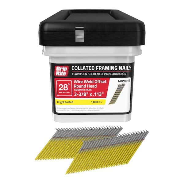 Grip-Rite 2-3/8 in. x 0.113 in. 28° Wire Collated Bright Coated Offset Round Head Smooth Shank Framing Nails 1000 per Box