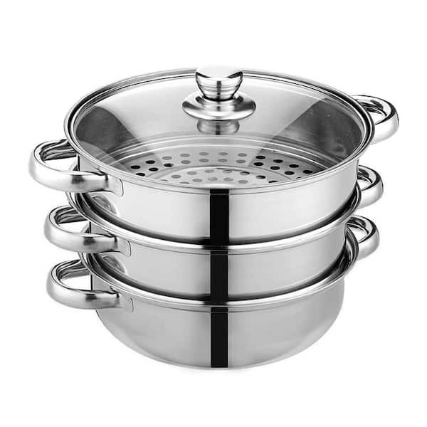3-Pcs Stainless Steel Steamer Pot Set, Silver, Induction Safe, Glass Lids, Multipurpose for Veggies, Dumplings, Seafood