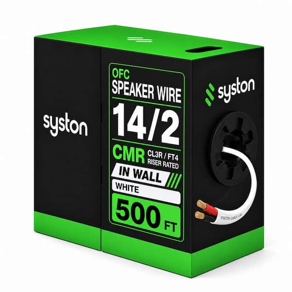 500 ft. 14/2 White Stranded Oxygen Free Copper CL3R CMR FT4 Audio Loud Speaker Wire Indoor in-Wall Outdoor UV Resistant