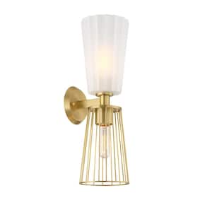 Liana 6 in. 2-Light Brushed Gold Wall Sconce Light with a Combination of Etched Glass and Wire Cage Shades for Bathrooms