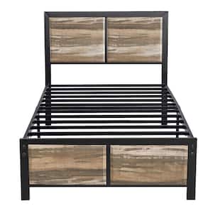 Metal Bed Frame Slate Brown Metal Frame Twin Size Platform Bed with Rustic Country Style Wooden Headboard and Footboard