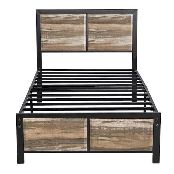VECELO Metal Bed Frame Slate Brown Metal Frame Twin Size Platform Bed with Rustic Country Style Wooden Headboard and Footboard