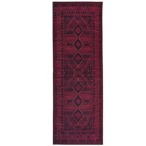 Olympus Red 2 ft. 2 inch.X 6 ft. Machine Washable Vintage-Turkoman Oriental Bokhara Polyester Non-Slip Backing Area Rug