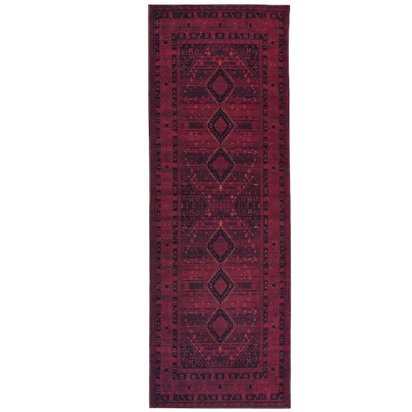 PLAYA RUG Olympus Burgundy 2 ft.8in.x 8 ft. Machine Washable Vintage-Turkoman Oriental Bokhara Polyester Non-Slip Backing Area Rug