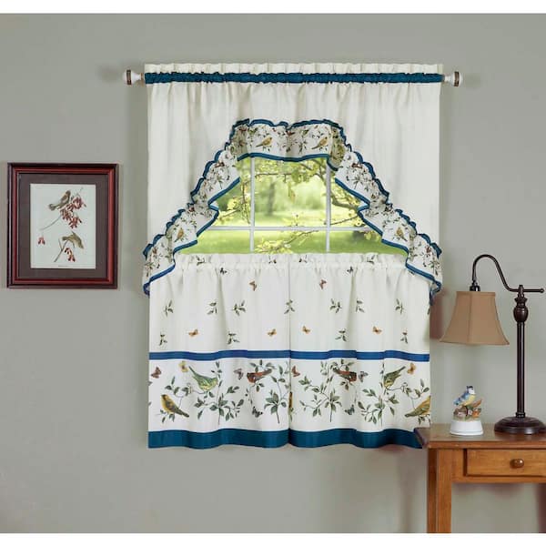 ACHIM Love Birds Blue Polyester Light Filtering Rod Pocket Tier and Swag Curtain Set 57 in. W x 36 in. L