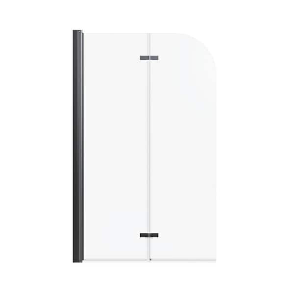 34" W x 58" H Bi-Fold Tub Door Frameless Tub Shower Door in Matte Black with 1/4" Tempered Glass Pivot Shower Door