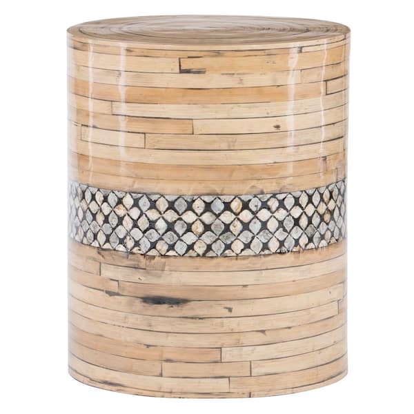Linon Home Decor Brody 15" Round Natural 18"H Circular Bamboo Drum Table with Dark Capiz Shell Inlay