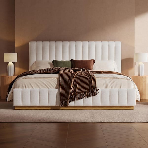 Corvenza Modern Beige Wood Frame King Size Platform Bed with Tufted Linen Upholstered Thick Headboard
