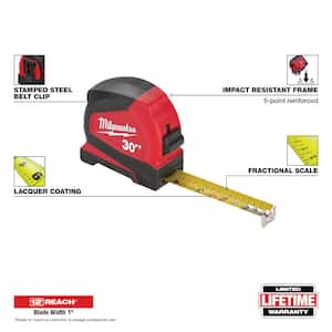Compact 30 ft. SAE Tape Measure with Fractional Scale and 9 ft. Standout