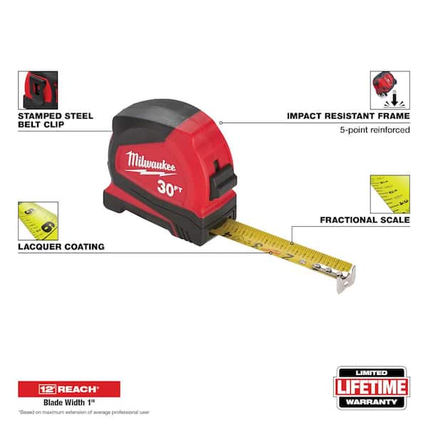 Compact 30 ft. SAE Tape Measure with Fractional Scale and 9 ft. Standout