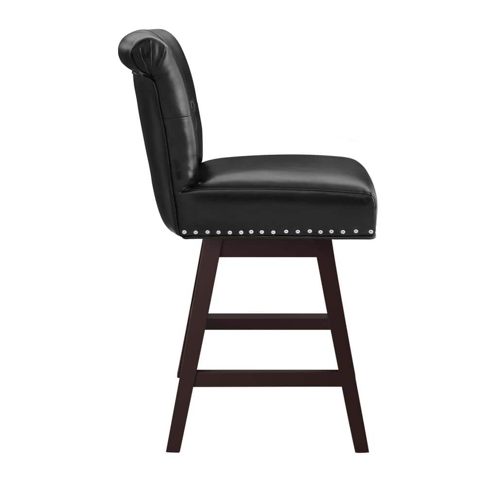 Black Faux Leather 26'' Swivel Bar Stools with Wood Legs