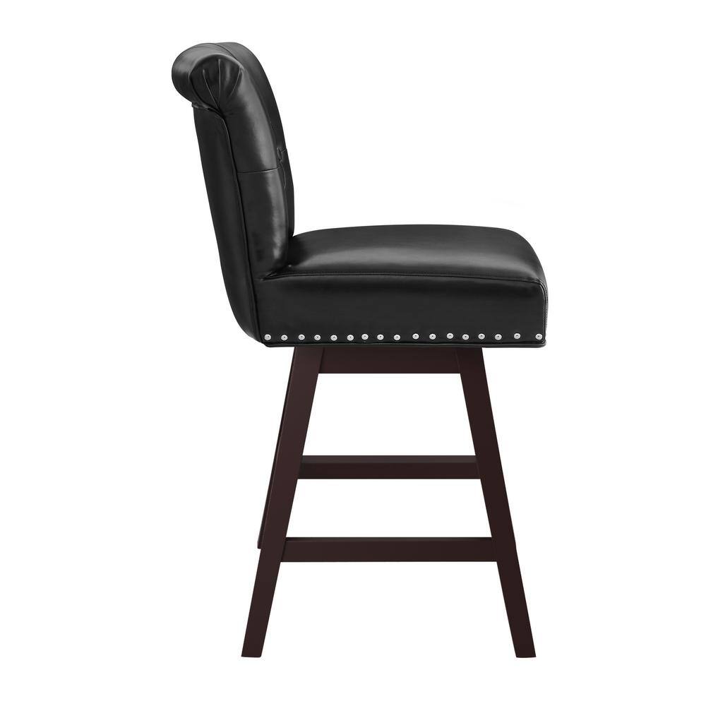 Black Faux Leather Swivel Counter Stool with Wood Legs