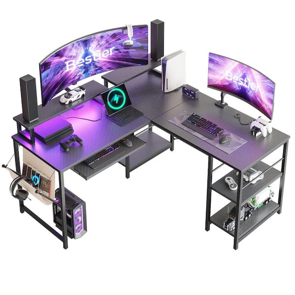 L-Shaped Desk LED 95.2 in. Computer Corner Desk with Keyboard Tray Monitor Stand Gaming Carbon Fiber