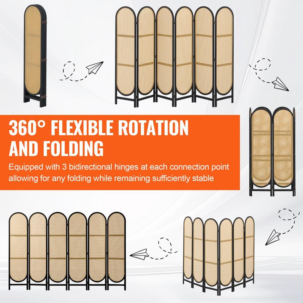 6-Panel Black and Natural Rattan Folding Room Divider
