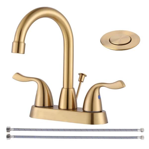 Modern Double Handle 4 in. Centerset Bathroom Faucet with Lift Rod Drain Assembly in Brushed Gold