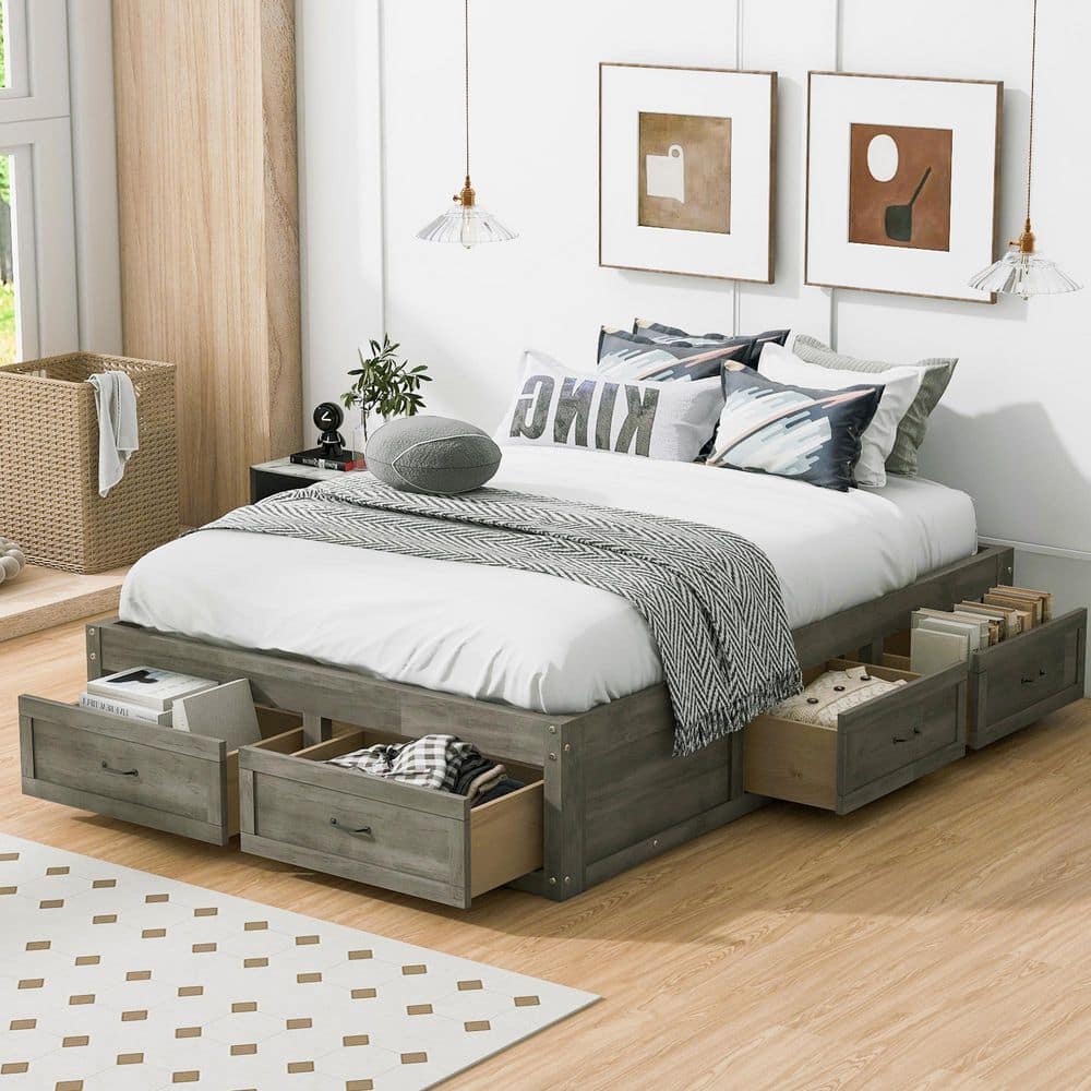 Internet Frame Designs Reviews for Polibi Antique Gray MDF Wood Frame Full Platform Bed with 6 ...