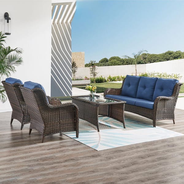 Pocassy 4-Piece Wicker Outdoor Patio Seating Conversation Set Sectional Sofa Glass Coffee Table with Blue Cushions