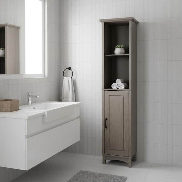 Russell 15 in. W x 63 in. H x 13 in. D Freestanding Multifunctional Linen Tower Wooden Cabinet, Brown/Salt Oak