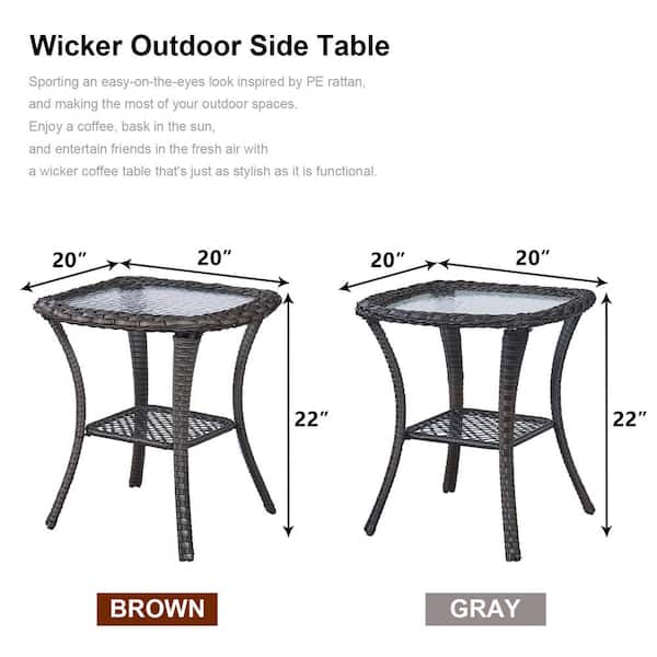 Brown Square Wicker Outdoor Glass Side Table