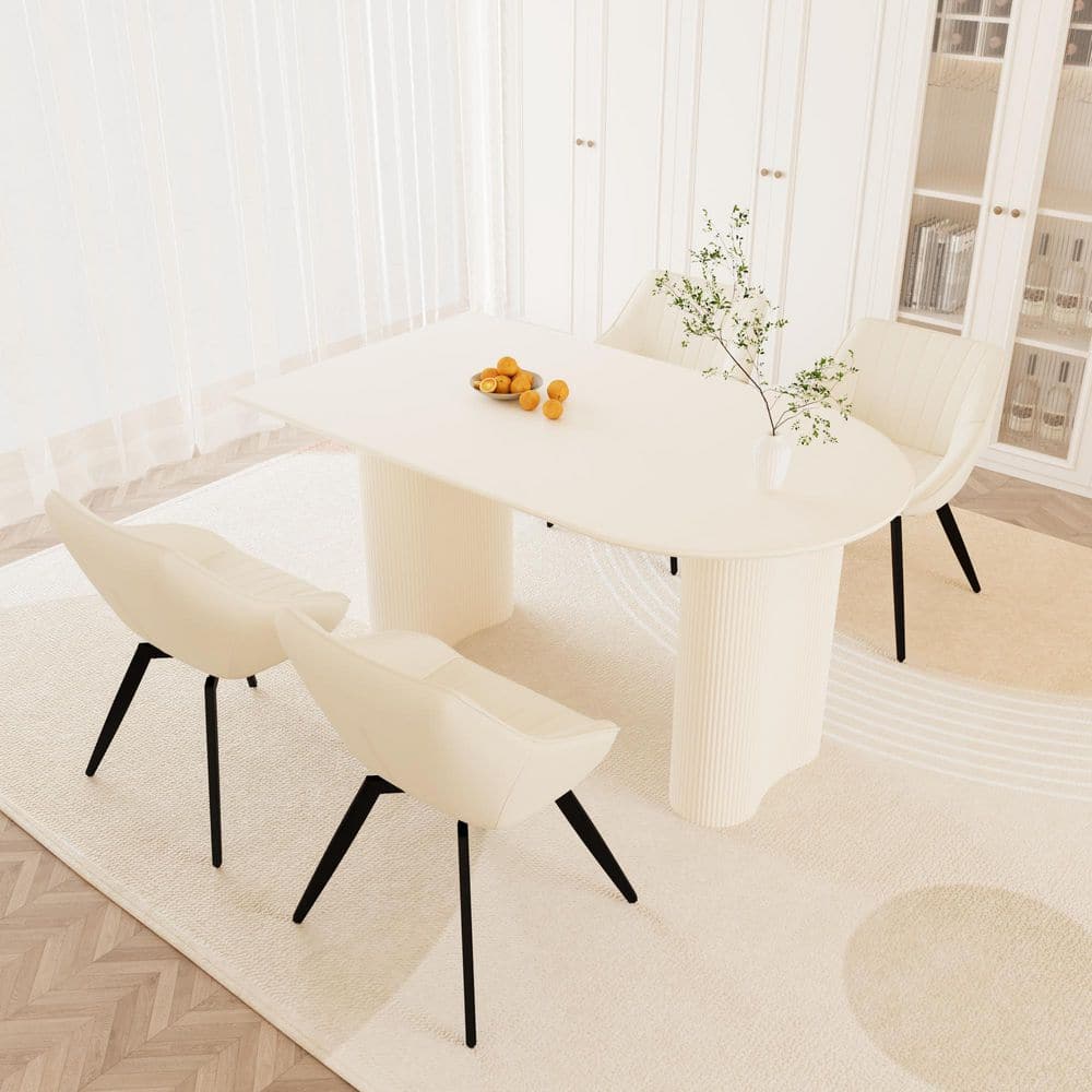 Medieval Modern 5-Piece Dining Set with Cream MDF Top Dining Table, 4 Beige PU High-Back Chairs