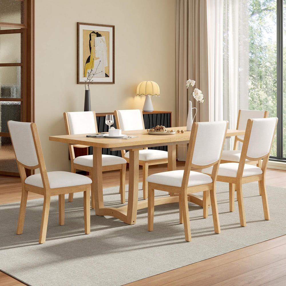 7-Piece Natural Extendable Rectangular Wood Top Dining Table Set Seats 6 with 6 Upholstered Chairs