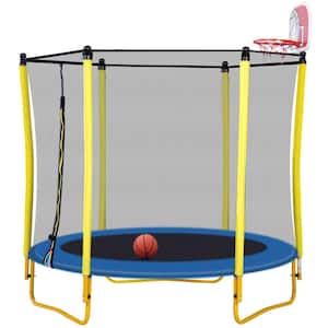 65 In. Yellow Toddlers Trampoline With Enclosure, Basketball Hoop and Ball , Indoor & Outdoor Mini Trampoline for Kids