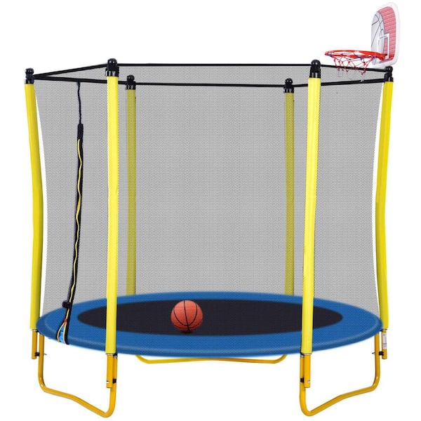 Miscool 65 In. Yellow Toddlers Trampoline With Enclosure, Basketball Hoop and Ball , Indoor & Outdoor Mini Trampoline for Kids