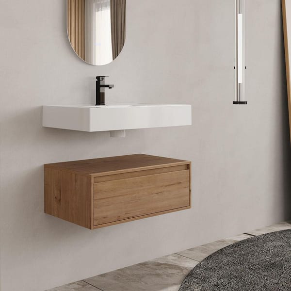 Jacques 29.5 in. W x 18.1 in. D x 15.8 in. H Floating Bath Vanity in Imitative Oak with White Resin Vanity Top