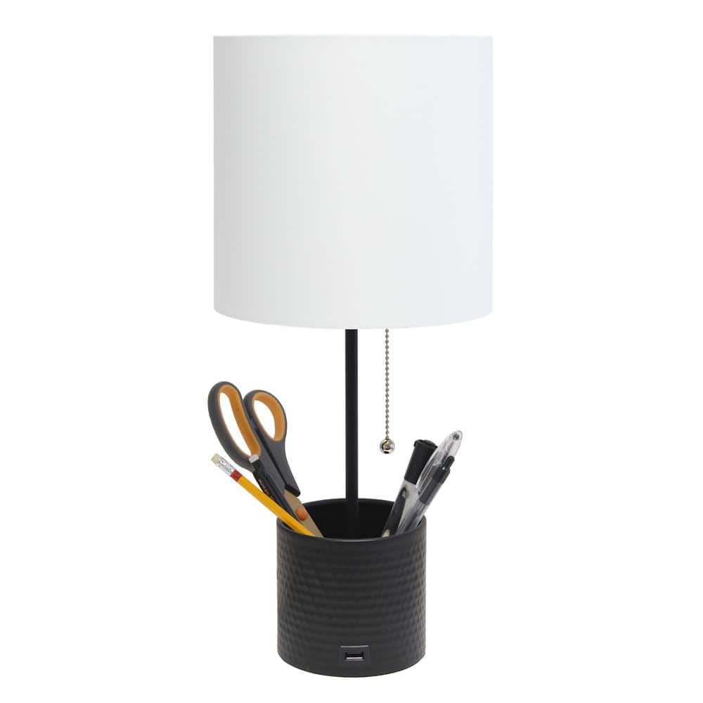 Black Hammered Metal Table Lamp with USB Port and White Shade