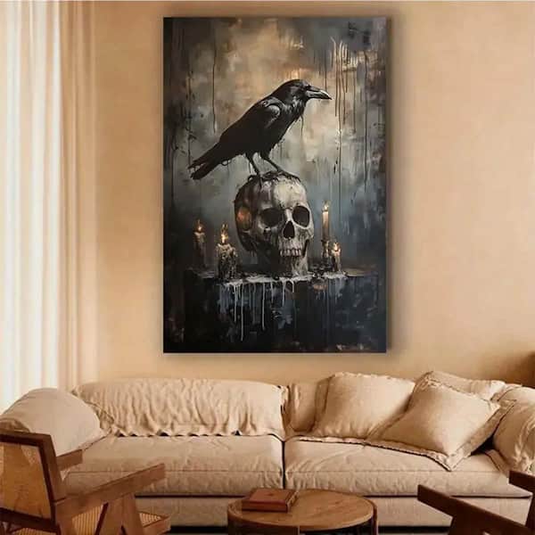 Wooden Framed Canvas Wall Art, 24 x 16, Crow on Skull with Candles