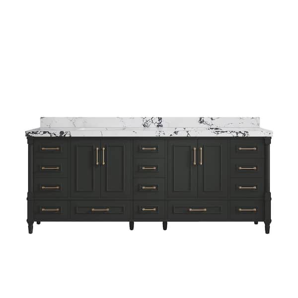 Willow Collections Hudson 84 in. Double Sink Freestanding Black Top Bath Vanity with Viola Night Quartz Top Unassembled