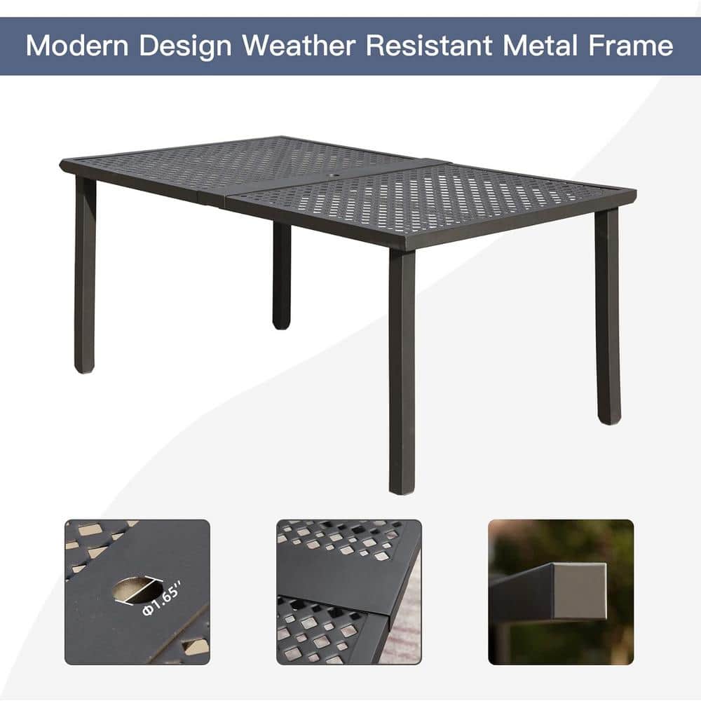 7-Piece Dark Brown Steel Outdoor Dining Set with Navy Blue Cushions