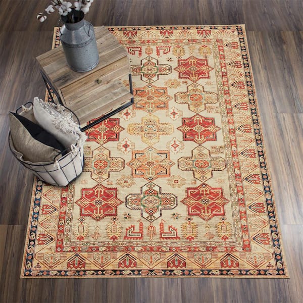 Ottoman Natural Medallion Washable 5 ft. x 7 ft. Area Rug