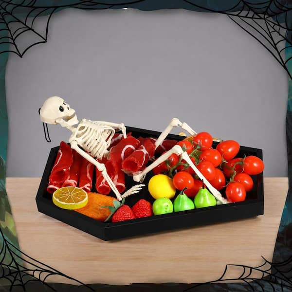 Black Platters Halloween Coffin Charcuterie Board Set with Skeleton Stand Cheese Knives Stainless Steel Tongs and Forks