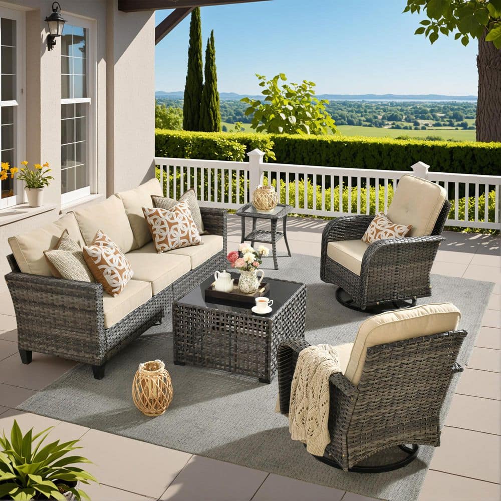 Audrey Gray 5-Piece Wicker Outdoor Patio Modern Conversation Sofa Seating Set with Rocking Chair,Beige Cushion and Table price history on PriceWatchPro