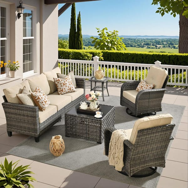 Audrey Gray 5-Piece Wicker Outdoor Patio Modern Conversation Sofa Seating Set with Ottomans and Beige Cushions