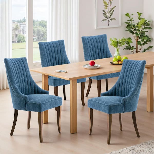 Chic Blue Linen Channel Tufted Back Dining Chairs Set of 4 with Curved Solid Wood Legs for Dining Room