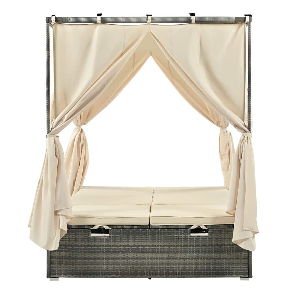 Gray Wicker Outdoor Day Bed, with Removable Beige Cushions, Patio Sofa Bed 