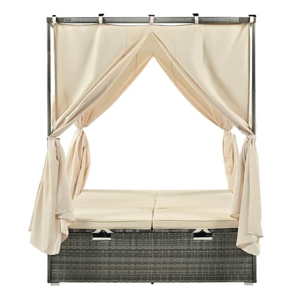 Unbranded Gray Wicker Outdoor Day Bed, with Removable Beige Cushions, Patio Sofa Bed with Canopy and Adjustable Seat