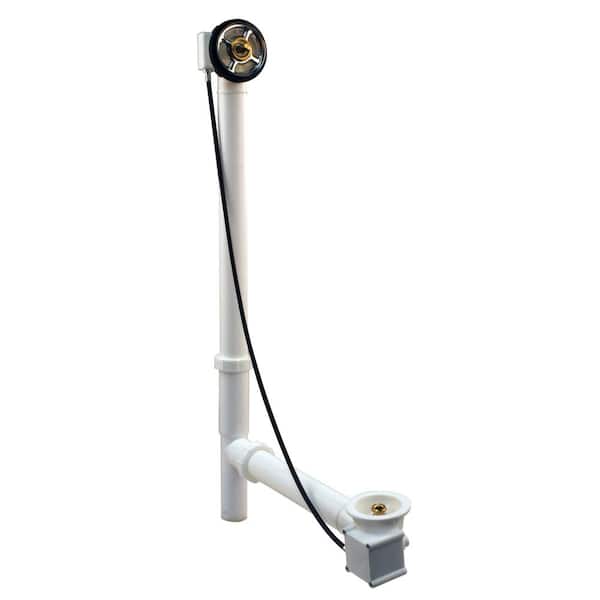 Westbrass 35 in. Cable Drive Bath Drain Assembly with Rotary Overflow Cover, Pop-Up Stopper - White Poly, ROUGH ONLY