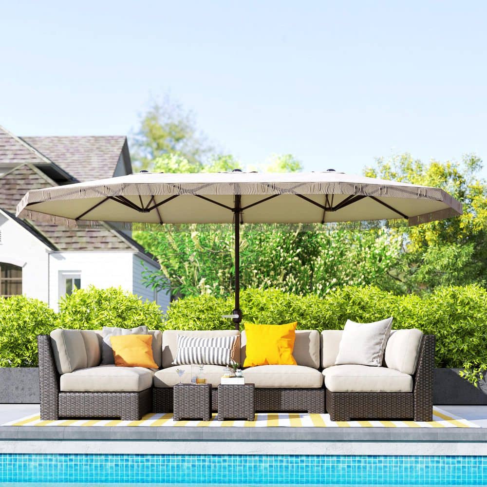 Extra Large Cream White Double-Sided Patio Umbrella with Easy Crank Handle